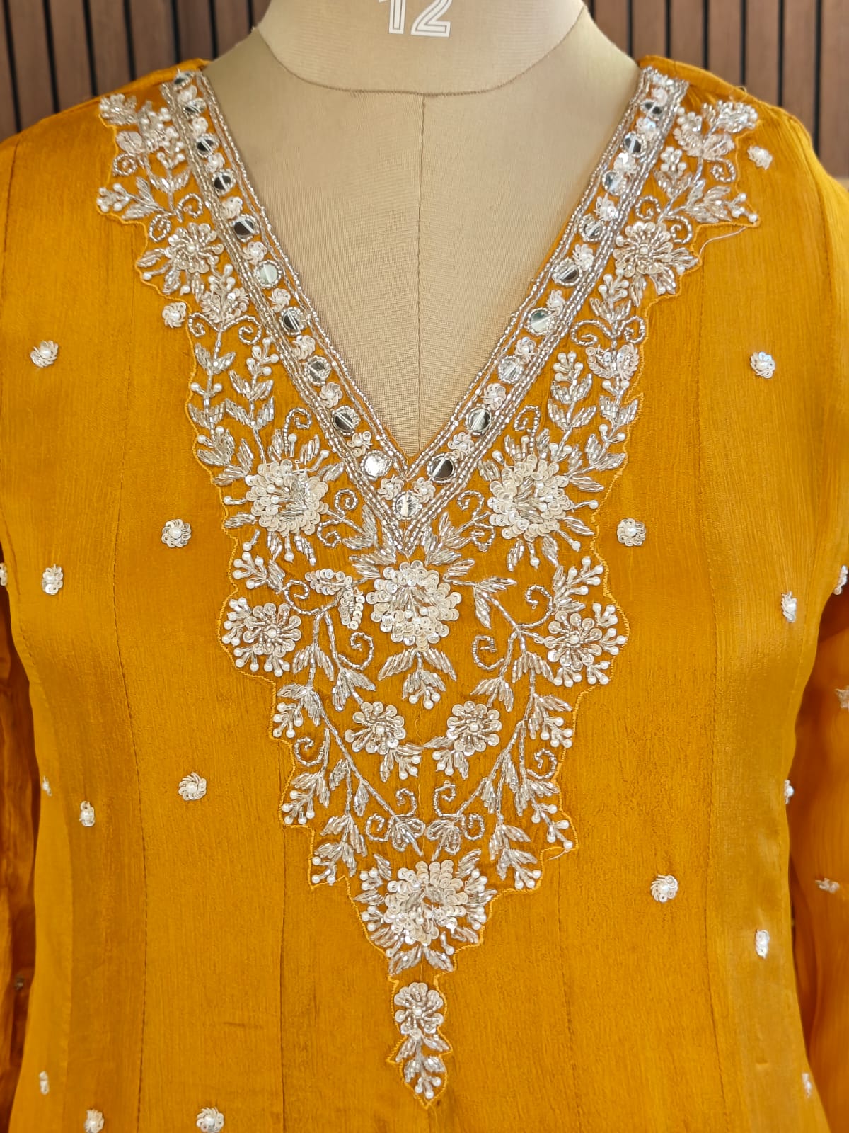 Musturd Yellow Anarkali Chinnon Handwork Partyware Kurtha 567