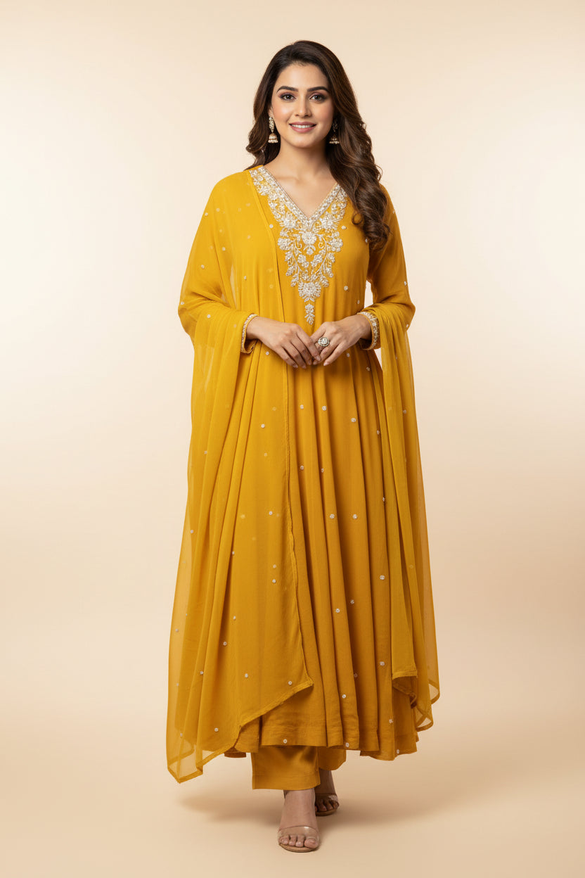 Musturd Yellow Anarkali Chinnon Handwork Partyware Kurtha 567