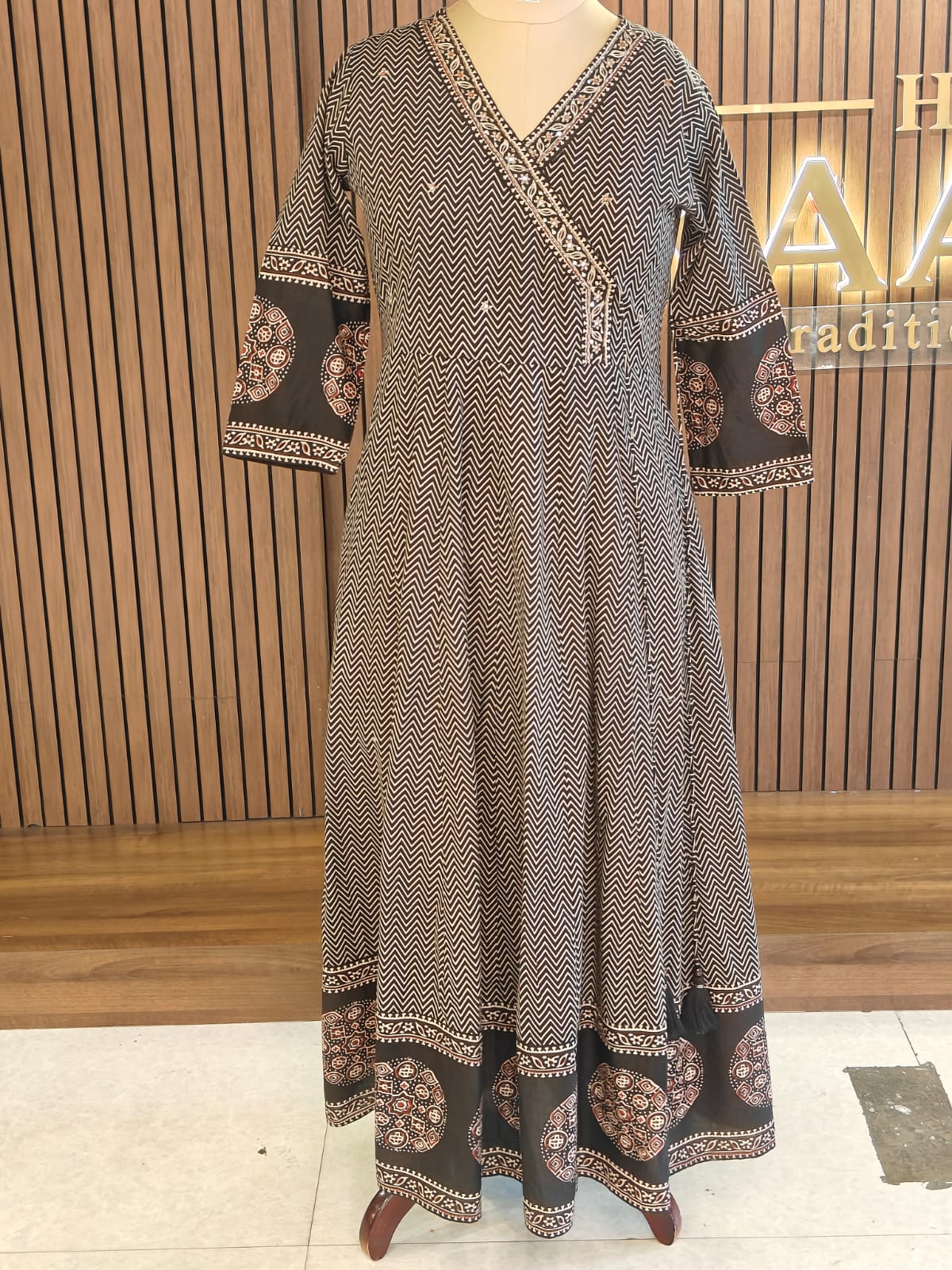 Black Cotton Anarkali Block Print Kurtha 787