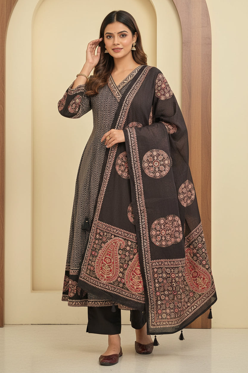 Black Cotton Anarkali Block Print Kurtha 787