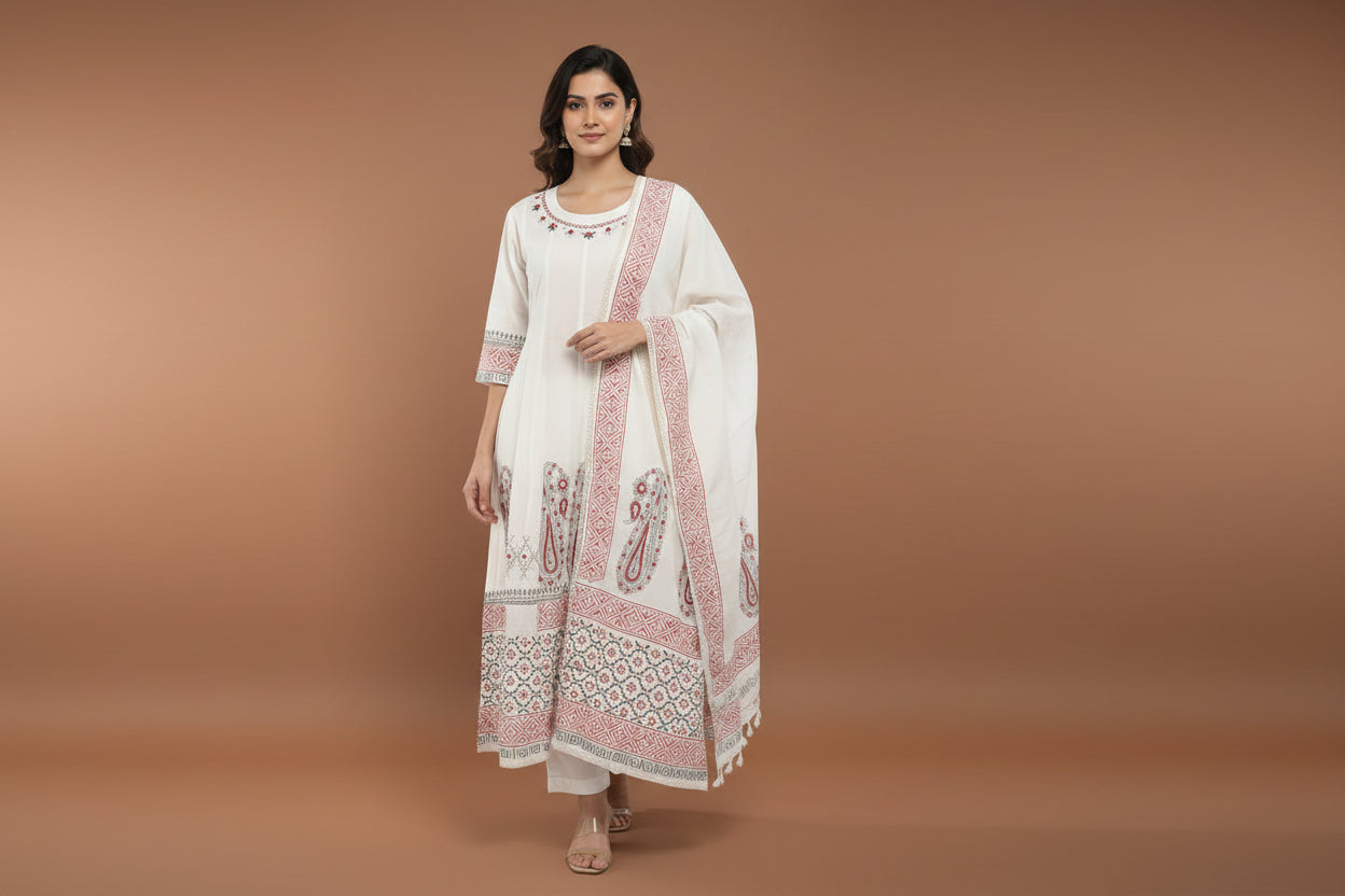 White mul Cotton Anarkali Kurtha 389