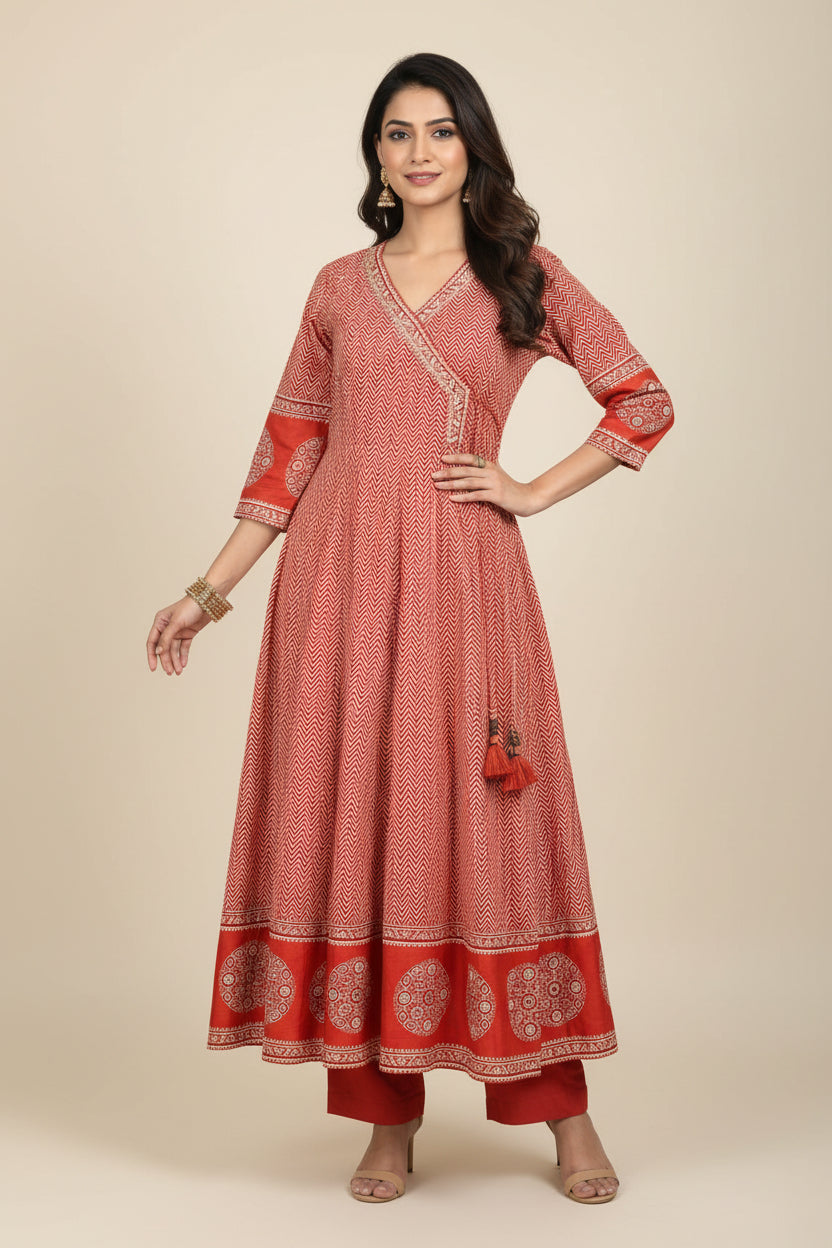 Maroon  Cotton Anarkali Block Print Kurtha 787