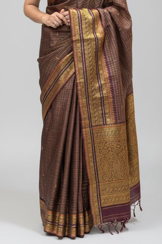 Brown Checks Semi Kanchi Vintage Saree 108