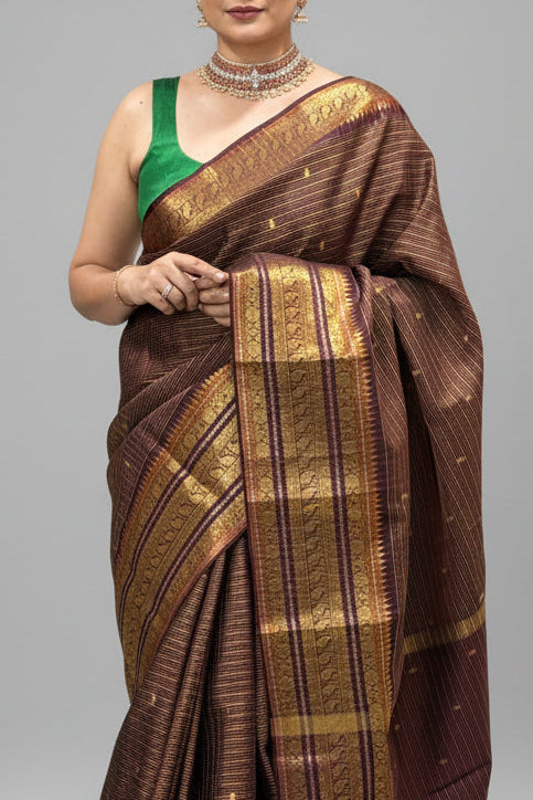 Brown Checks Semi Kanchi Vintage Saree 108