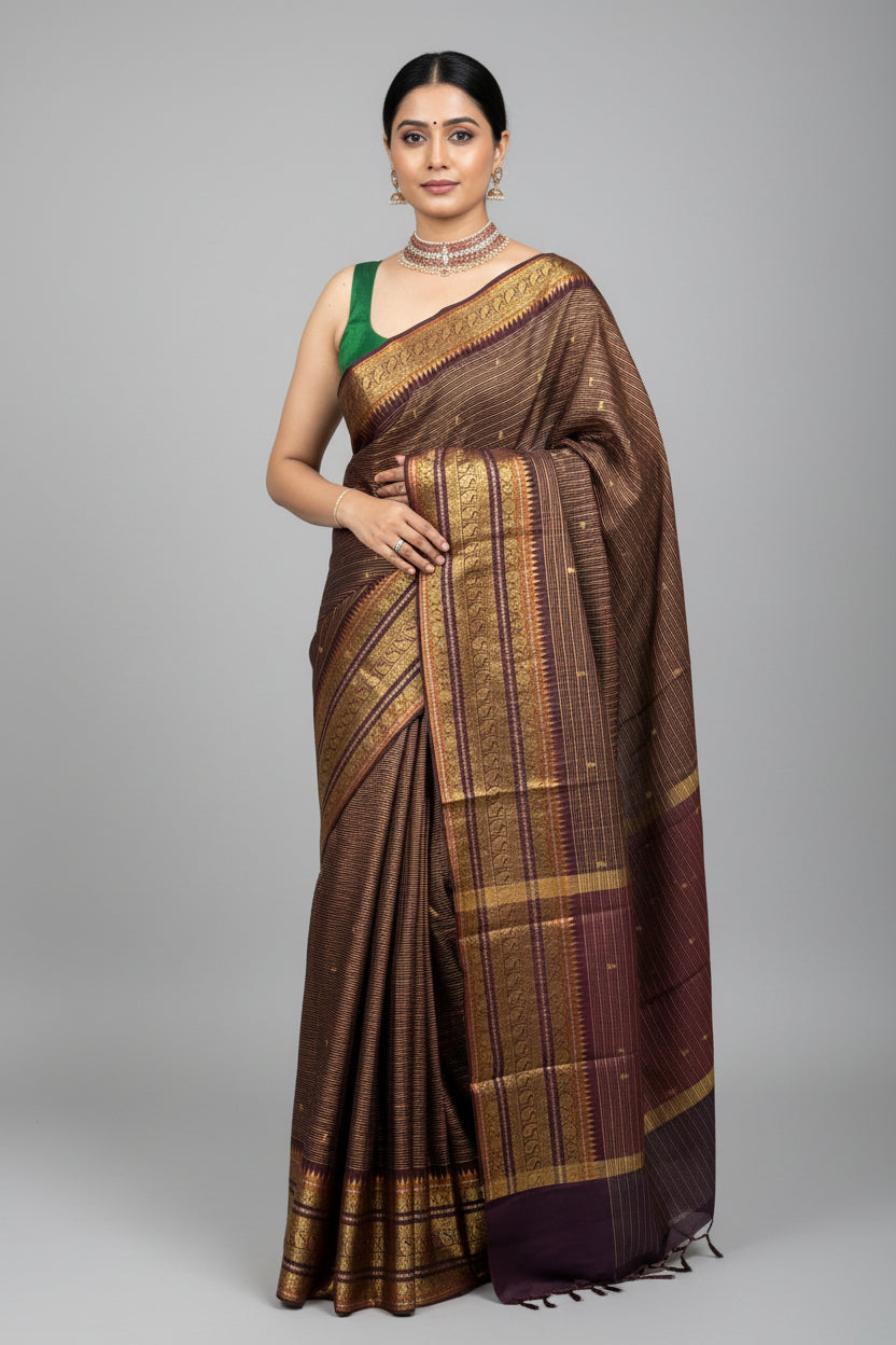Brown Checks Semi Kanchi Vintage Saree 108