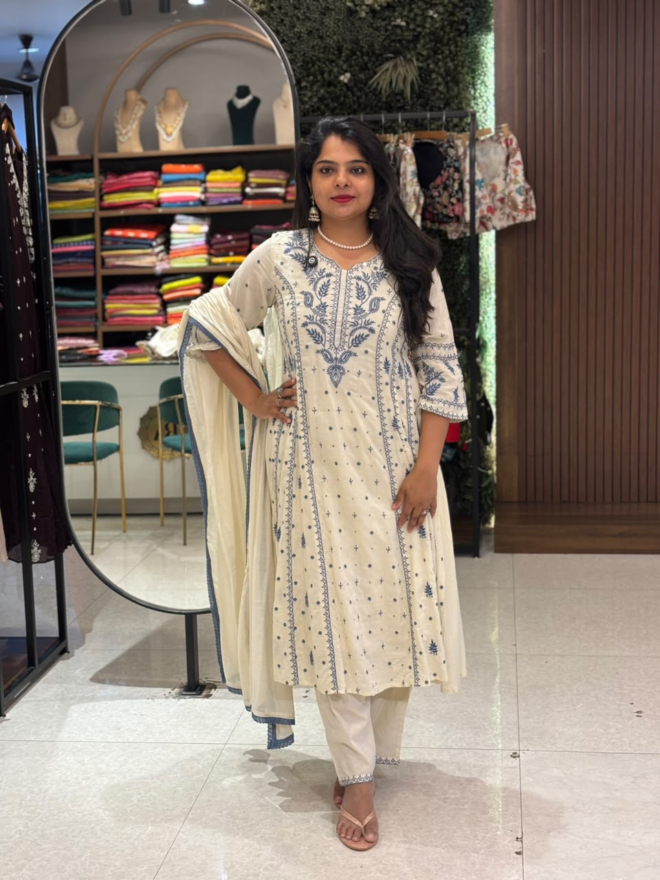 Cream and blue Mul Cotton Block Print Anarkali Kurtha 342