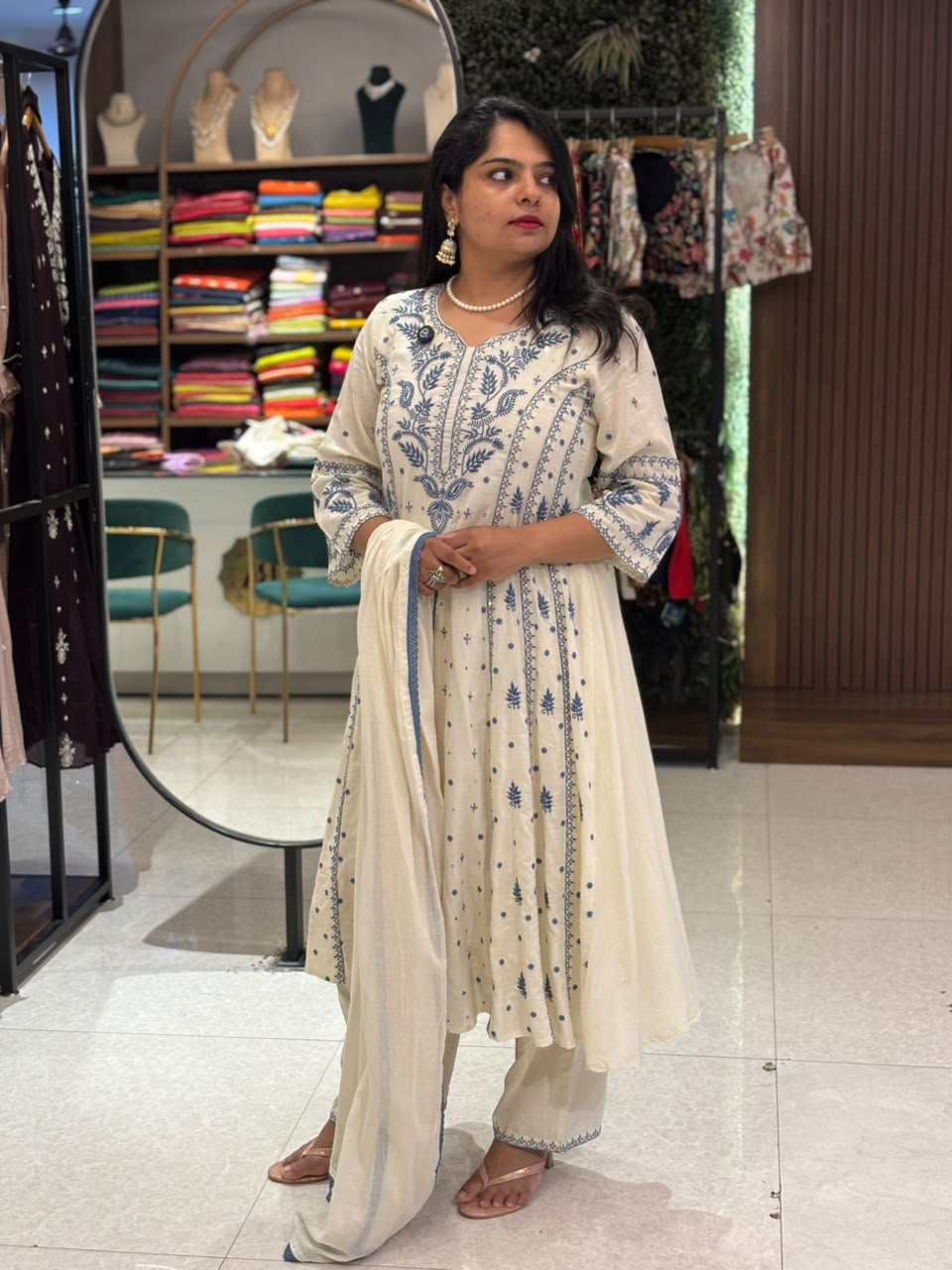 Cream and blue Mul Cotton Block Print Anarkali Kurtha 342