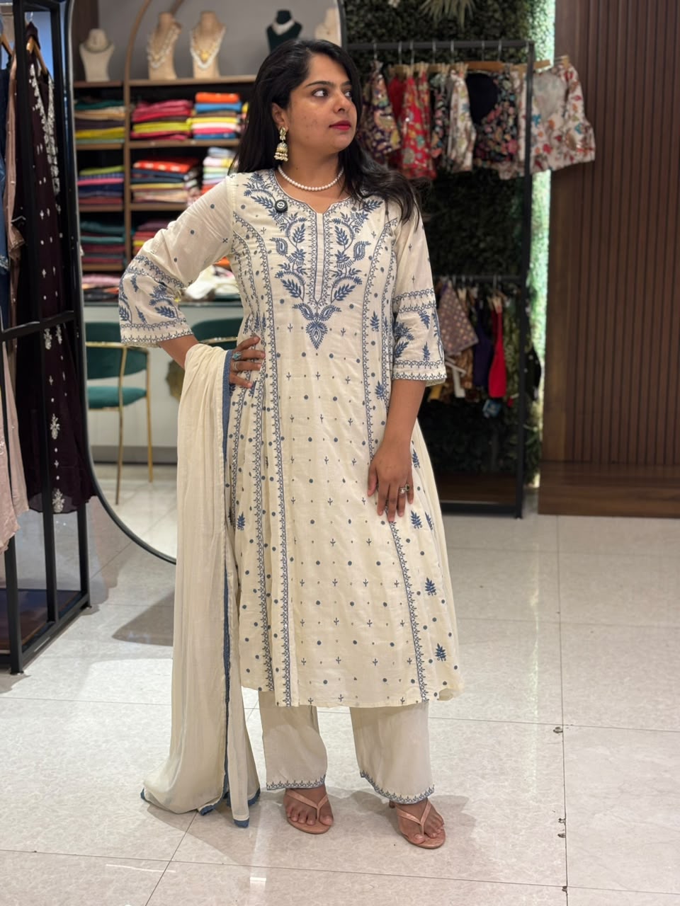 Cream and blue Mul Cotton Block Print Anarkali Kurtha 342