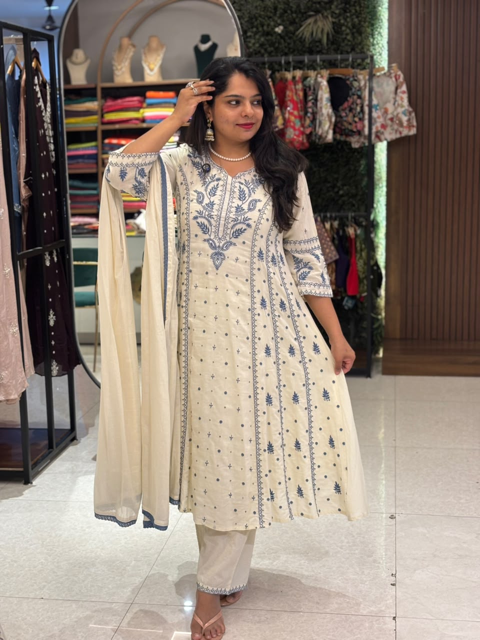 Cream and blue Mul Cotton Block Print Anarkali Kurtha 342