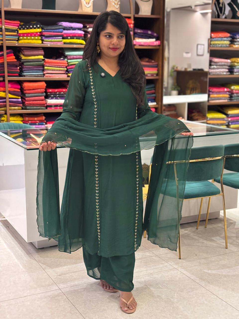 Green  Chinnon Hand Embroidery A Line Kurtha 673
