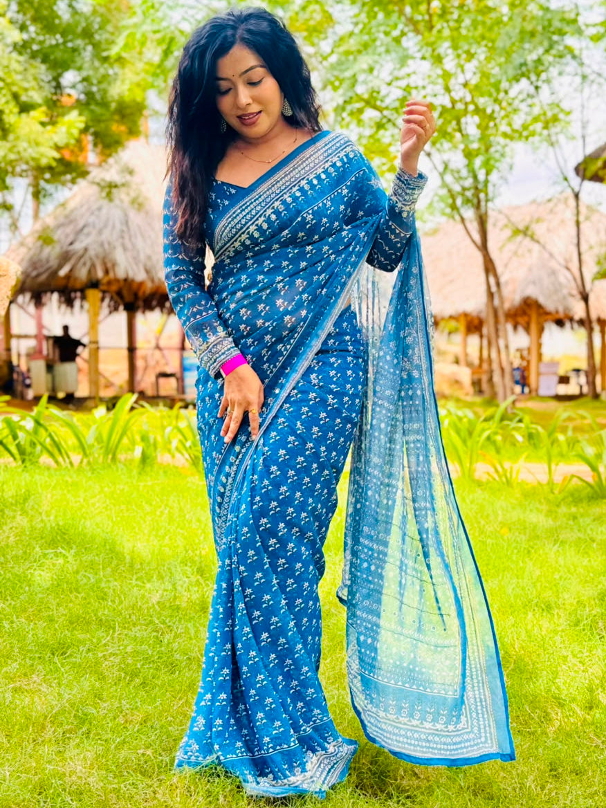Blue Georgette Mirror Work Party Wear Saree 107 (MeghaShree)
