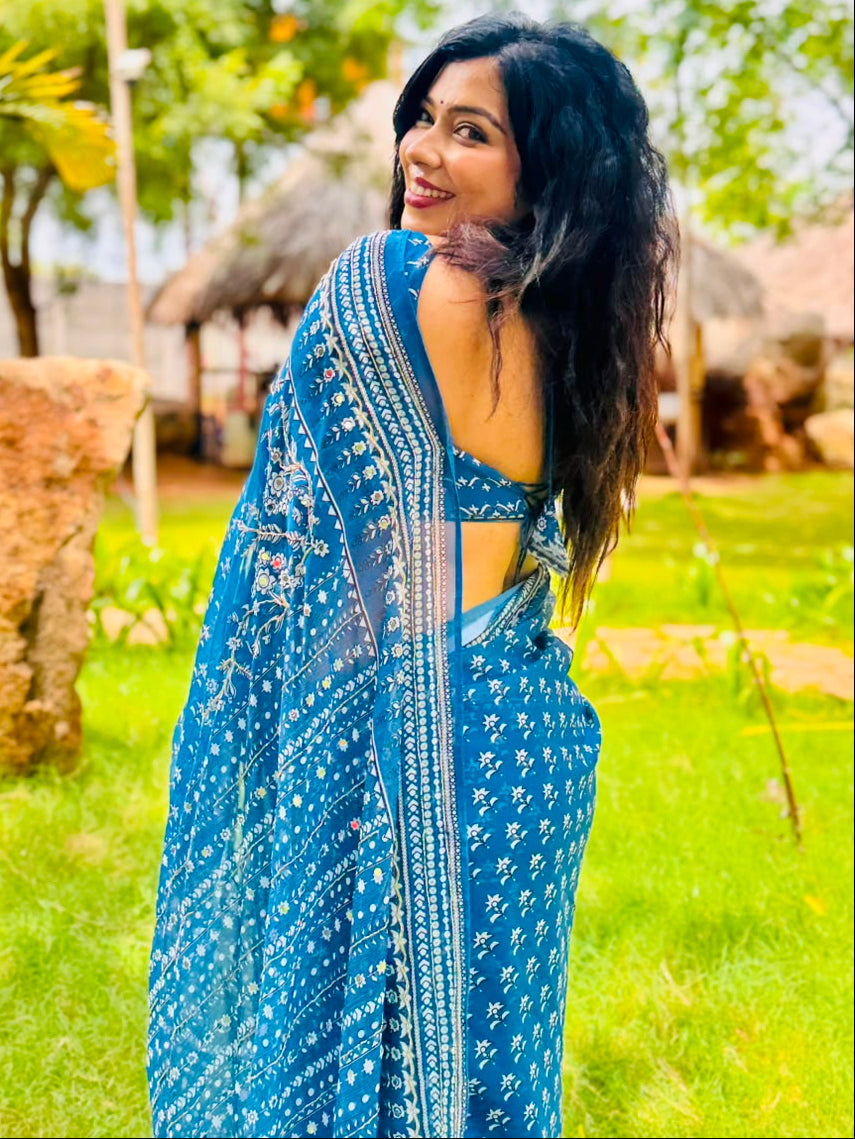 Blue Georgette Mirror Work Party Wear Saree 107 (MeghaShree)