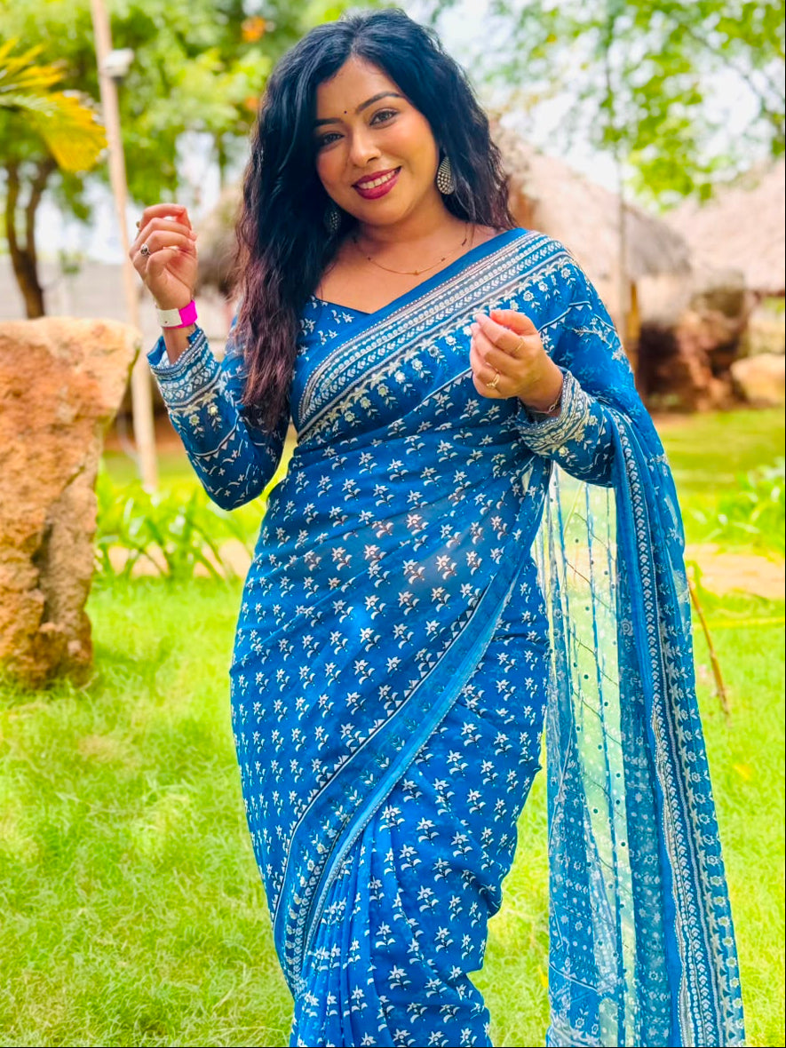 Blue Georgette Mirror Work Party Wear Saree 107 (MeghaShree)