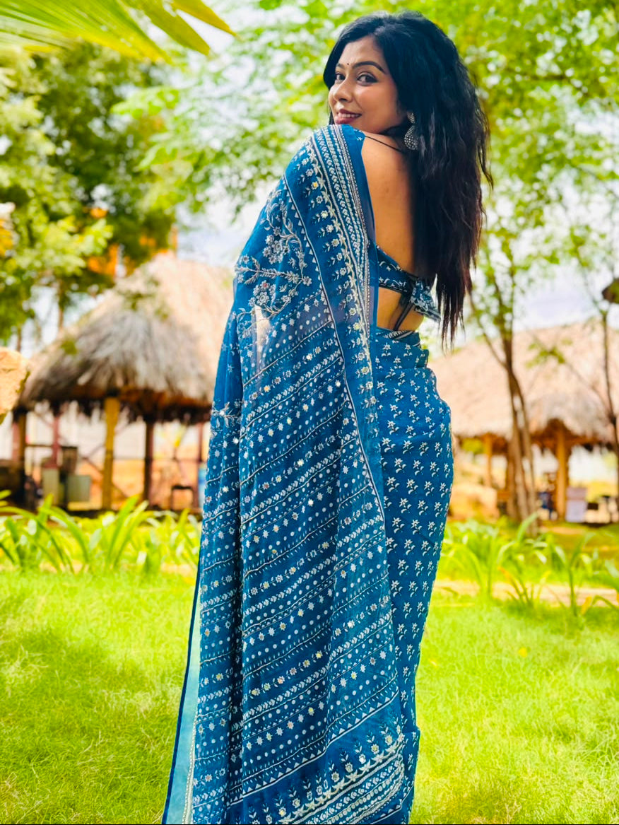 Blue Georgette Mirror Work Party Wear Saree 107 (MeghaShree)