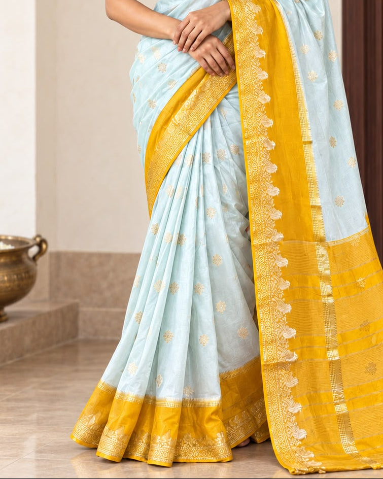 Blue Yellow Dola Crepe Saree 109