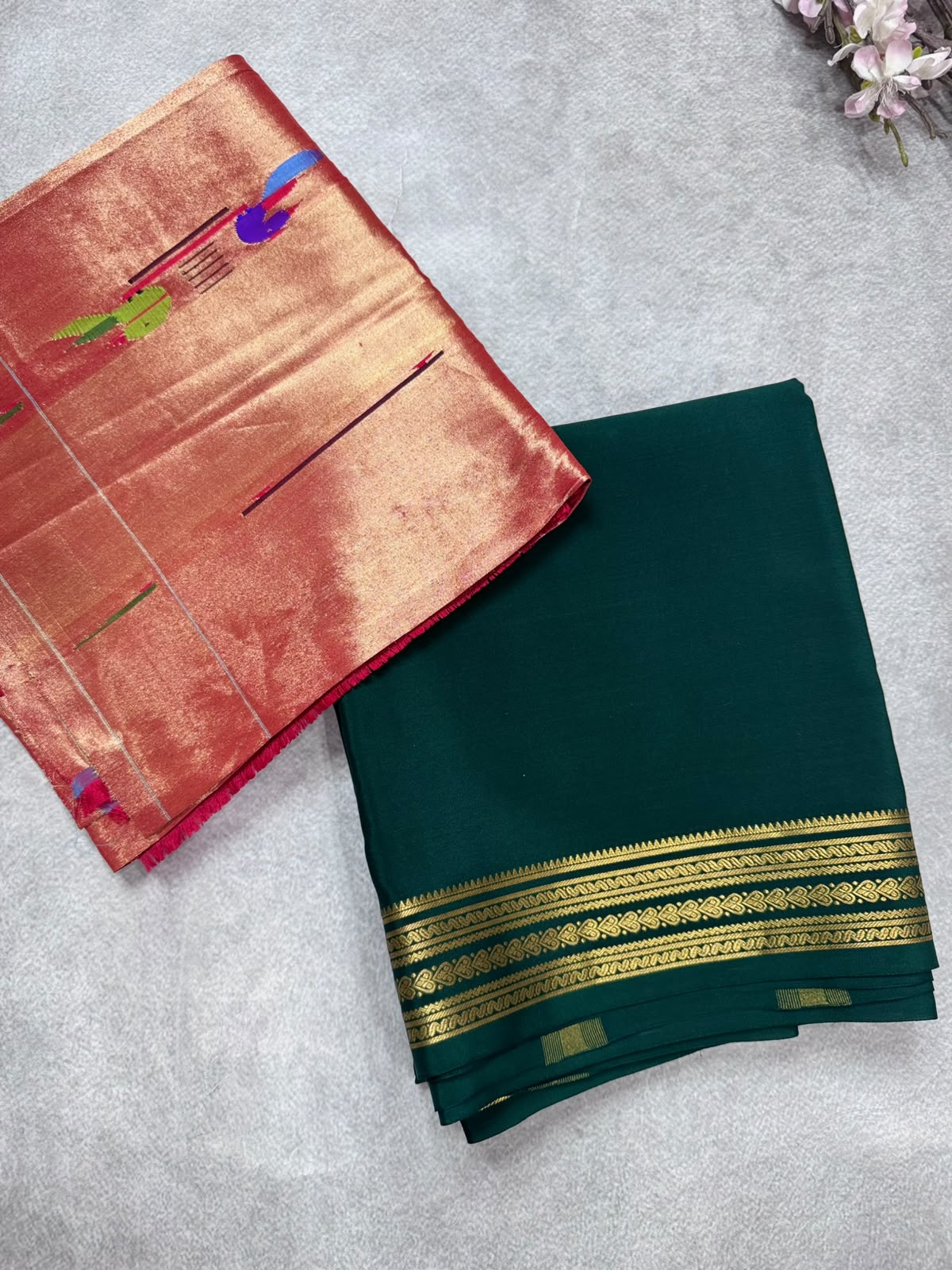 Bottle Green Pure Mysore Crepe Silk Saree with Unstitched Blouse 110