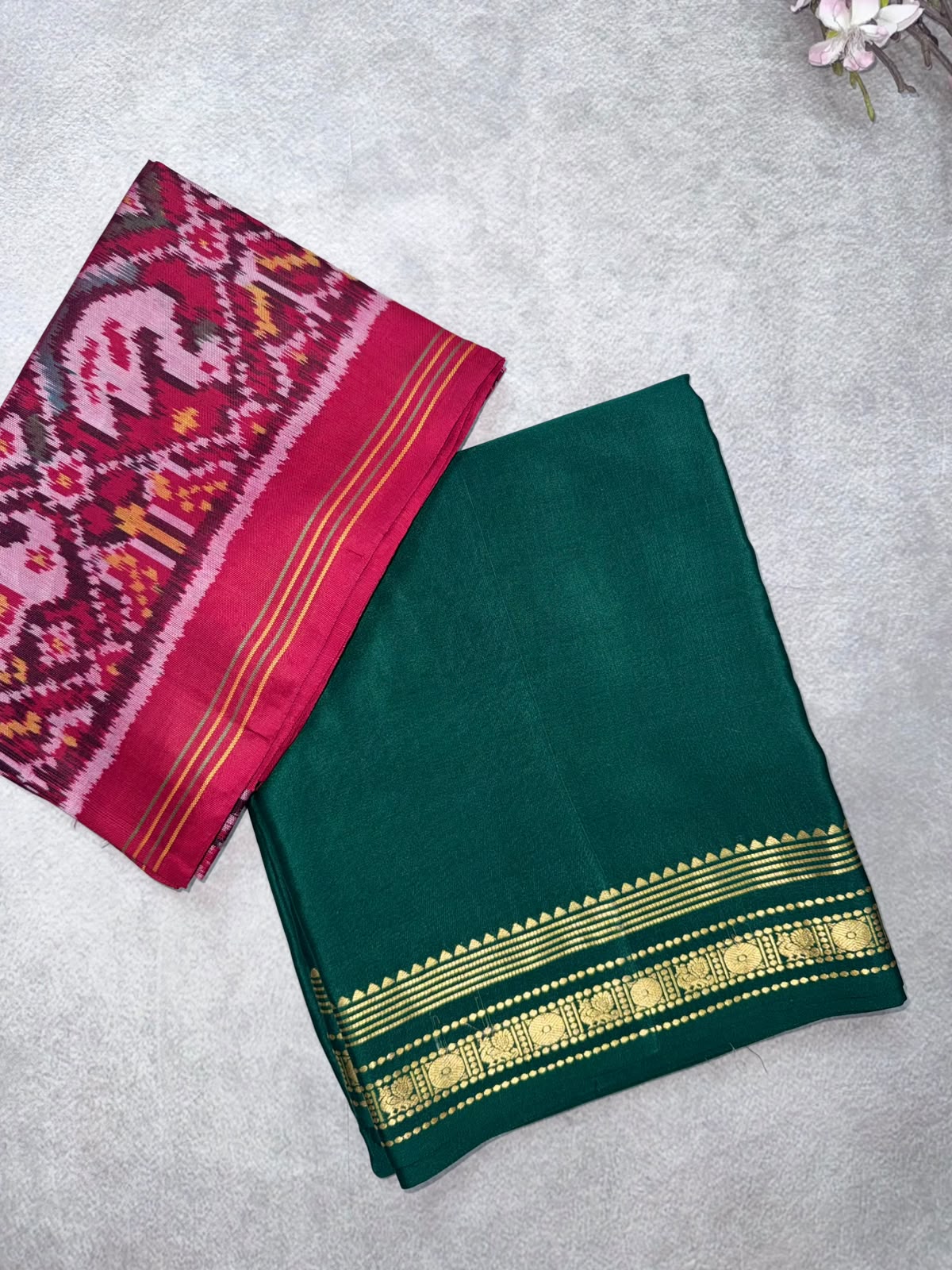 Bottle Green Pure Mysore Crepe Silk Saree with Unstitched Blouse 110