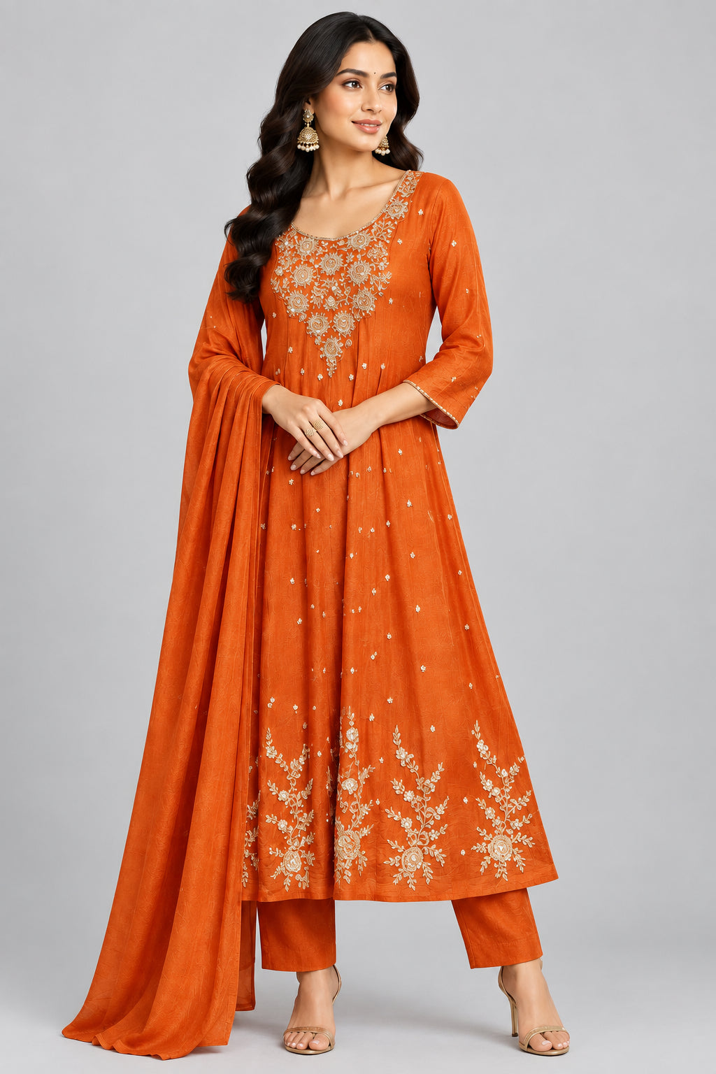 Orange Anarkali chinnon handwork party ware Kurtha 567
