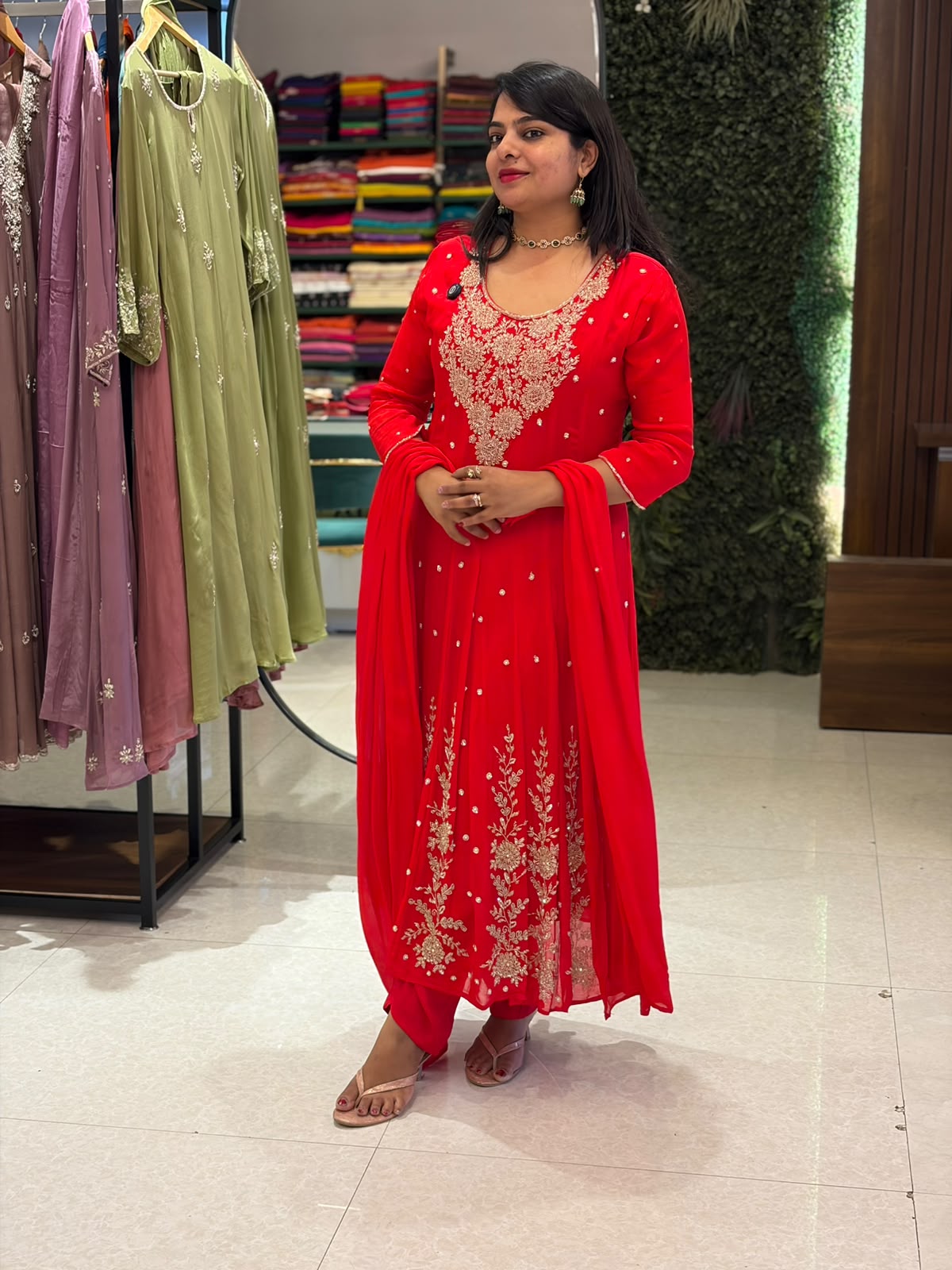 Red Anarkali chinnon handwork party ware Kurtha 567