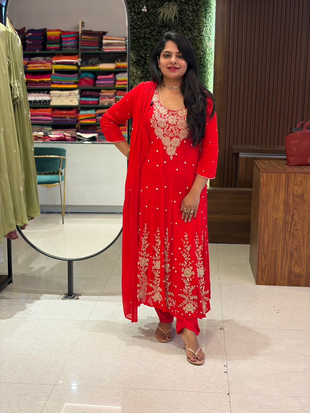 Red Anarkali chinnon handwork party ware Kurtha 567