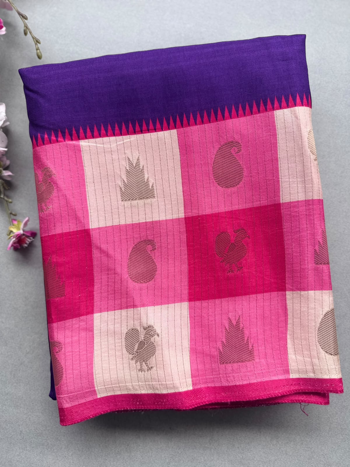 Purple Semi Crepe with Checks Border Saree 110