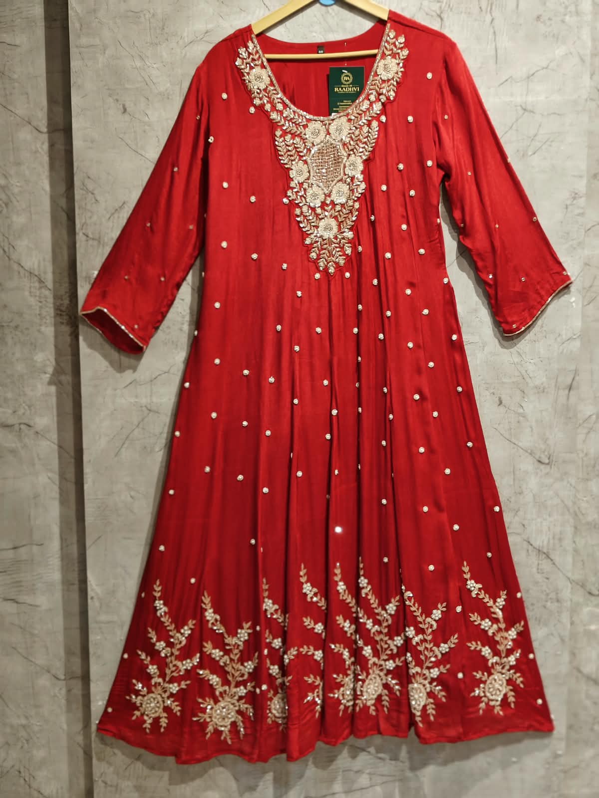 Red Anarkali chinnon handwork party ware Kurtha 567