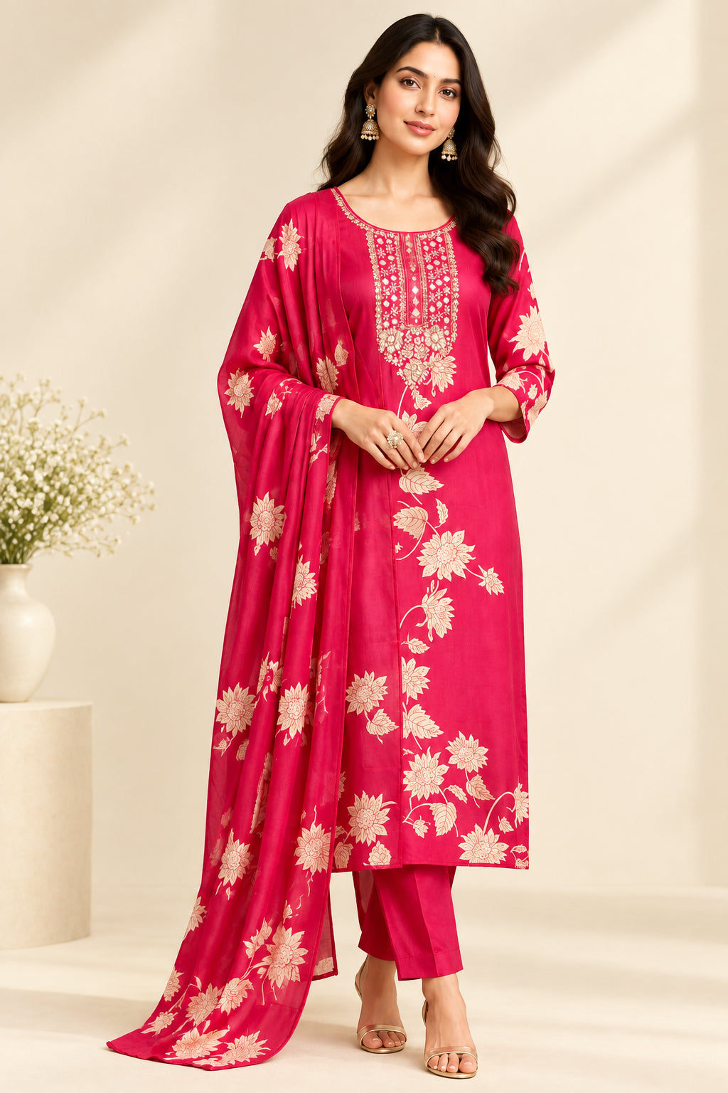 Pink Digital Print Handwork Crepe Kurtha 533