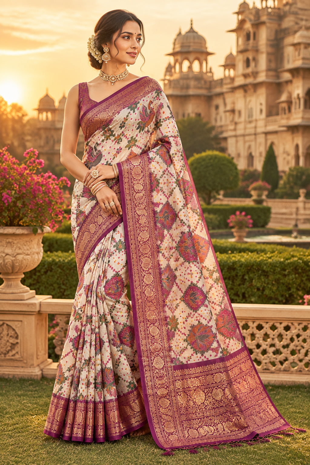 Cream Pashmina Georgette Saree 110