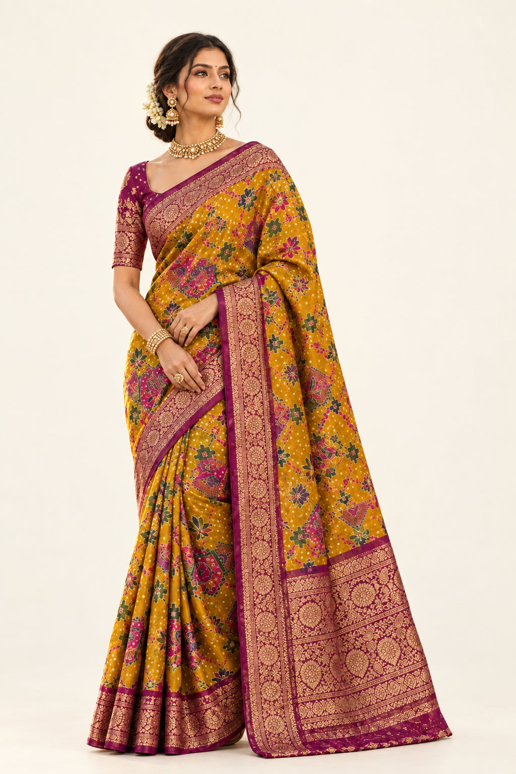 Mustard yellow Pashmina Georgette Saree 110