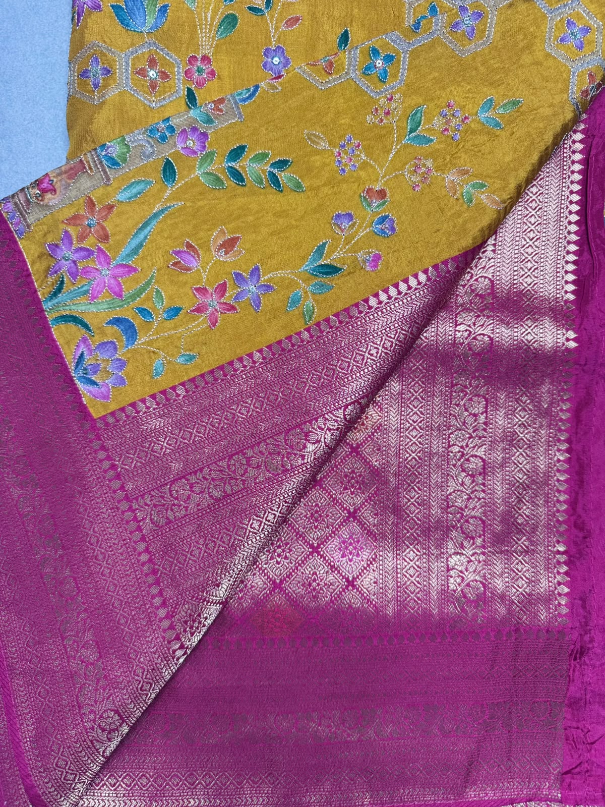 Mustard yellow Pashmina Georgette Saree 110