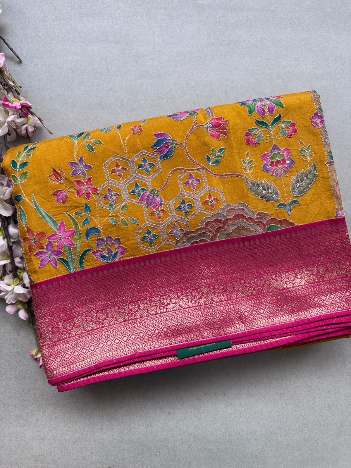 Mustard yellow Pashmina Georgette Saree 110
