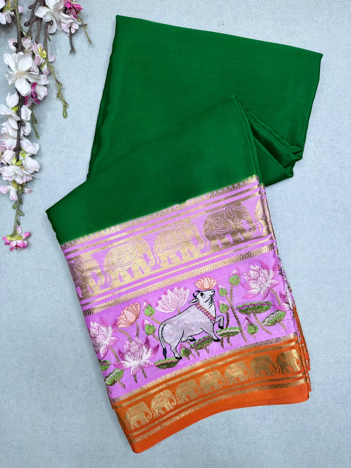 Bottle Green Embroidery Border Pure Mysore Crepe Silk Saree 110