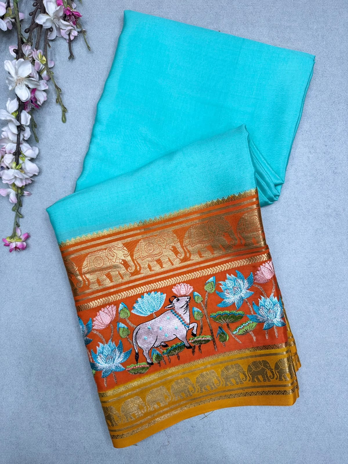 Sea Green Embroidery Border Pure Mysore Crepe Silk Saree 110