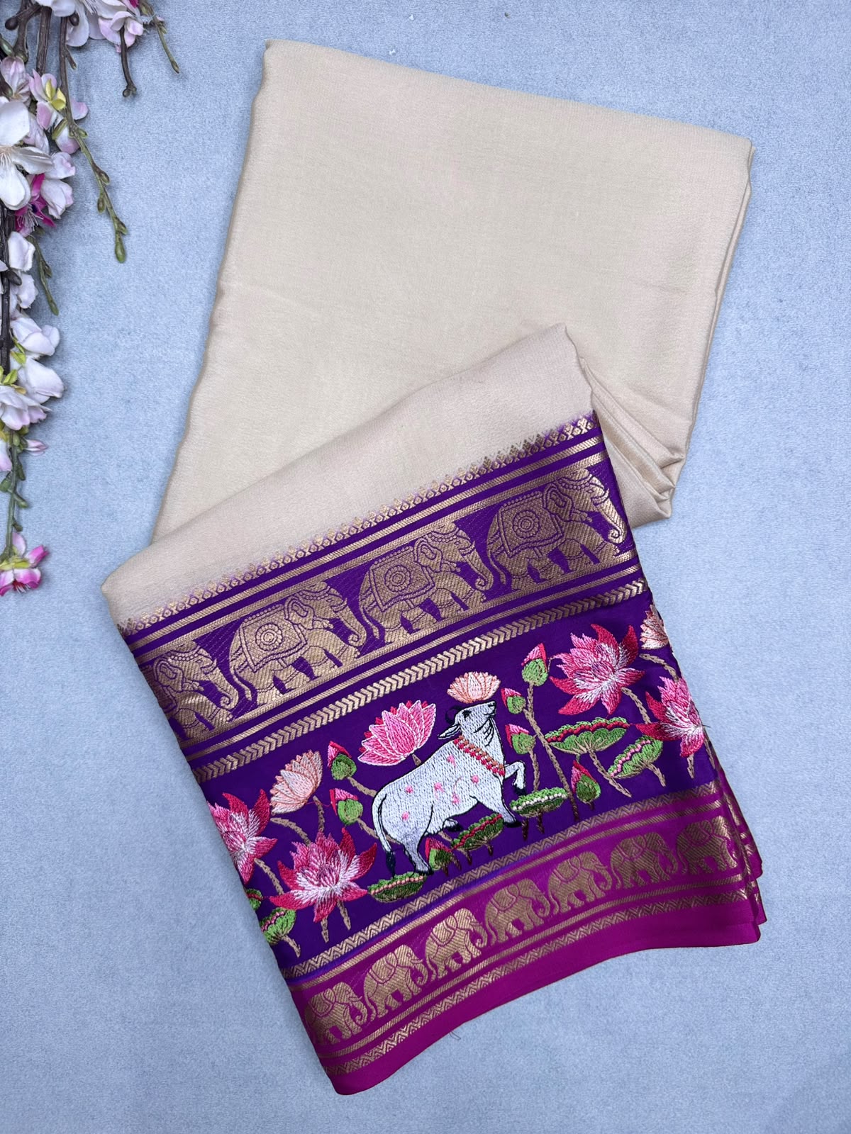 Cream Embroidery Border Pure Mysore Crepe Silk Saree 110