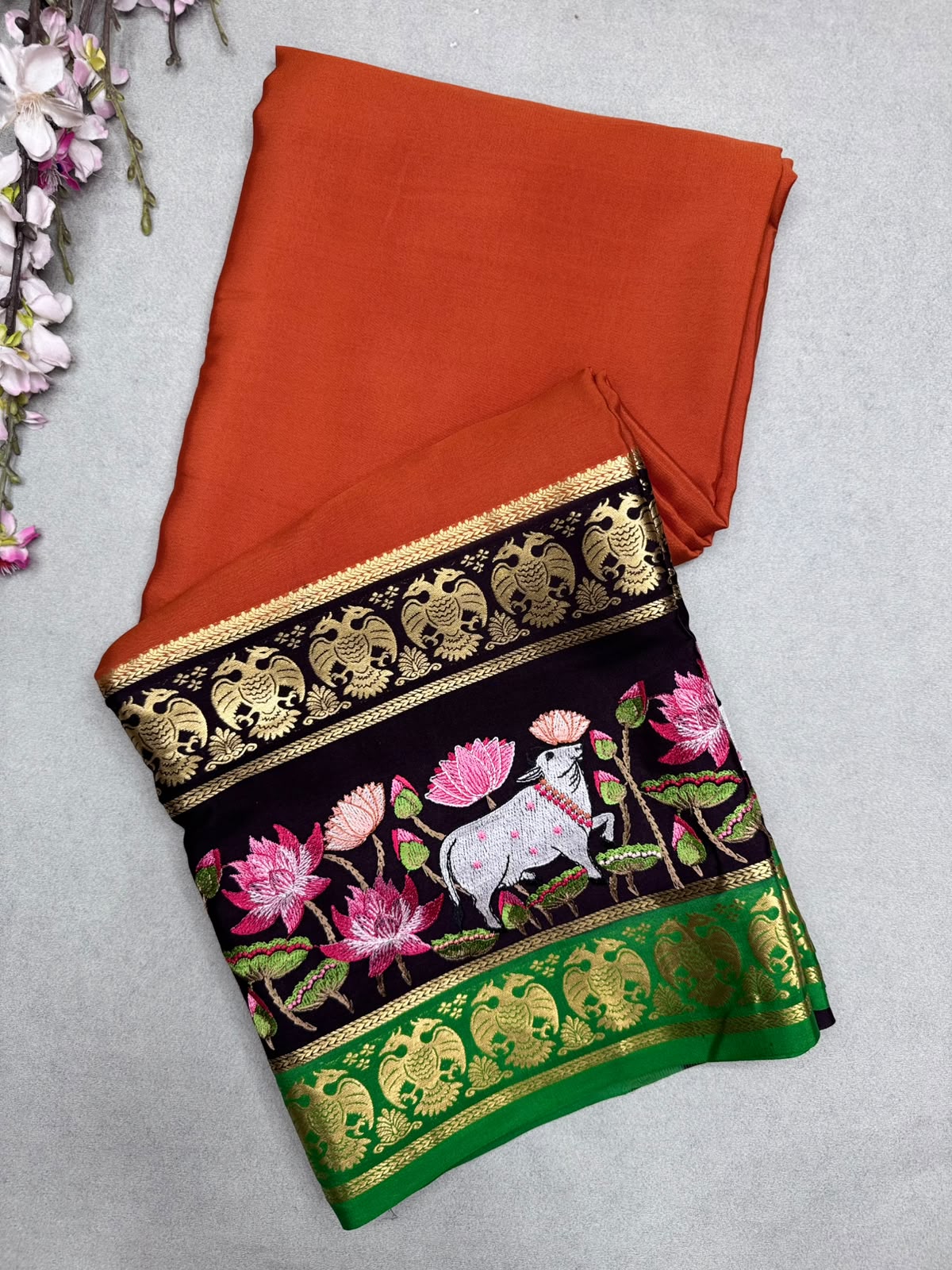 Orange Embroidery Border Pure Mysore Crepe Silk Saree 110