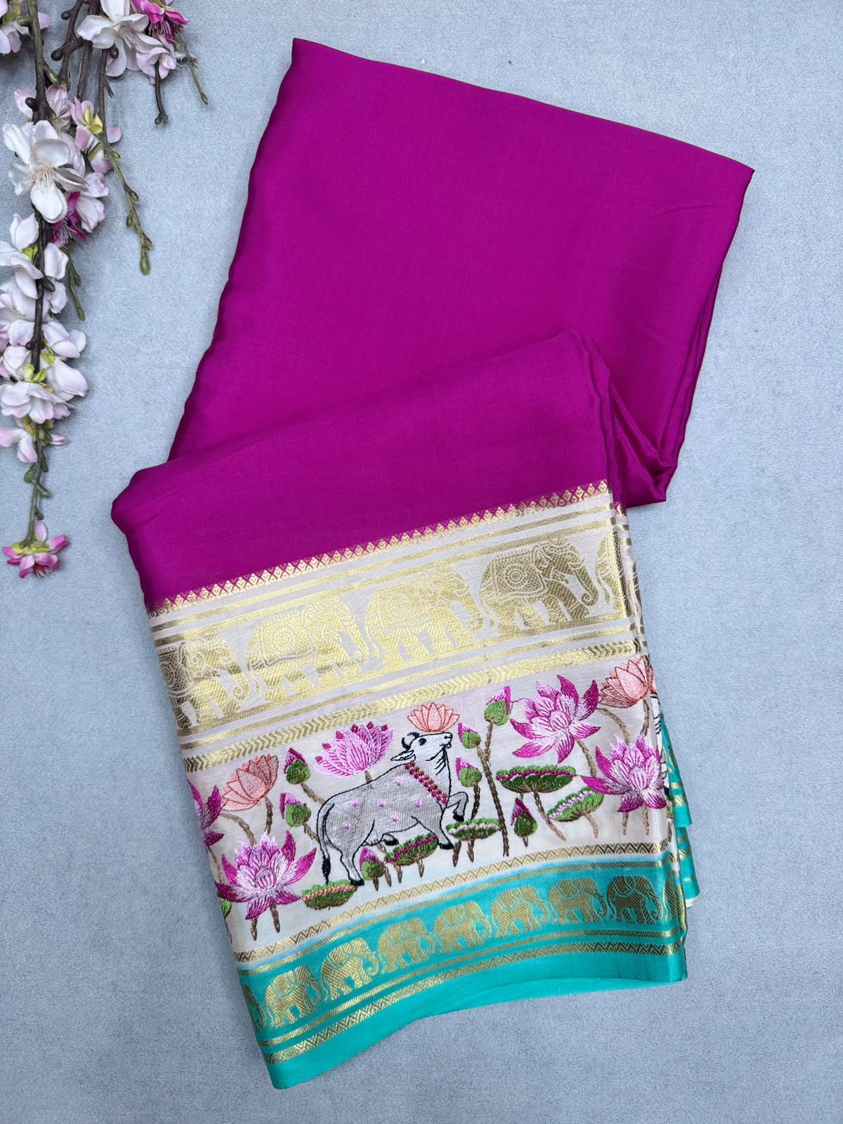 Magenta Embroidery Border Pure Mysore Crepe Silk Saree 110