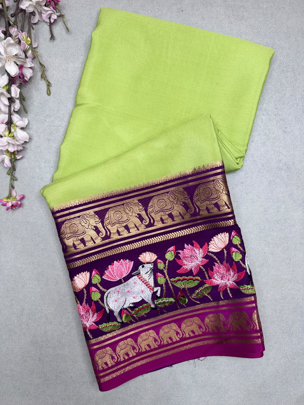 Green Embroidery Border Pure Mysore Crepe Silk Saree 110