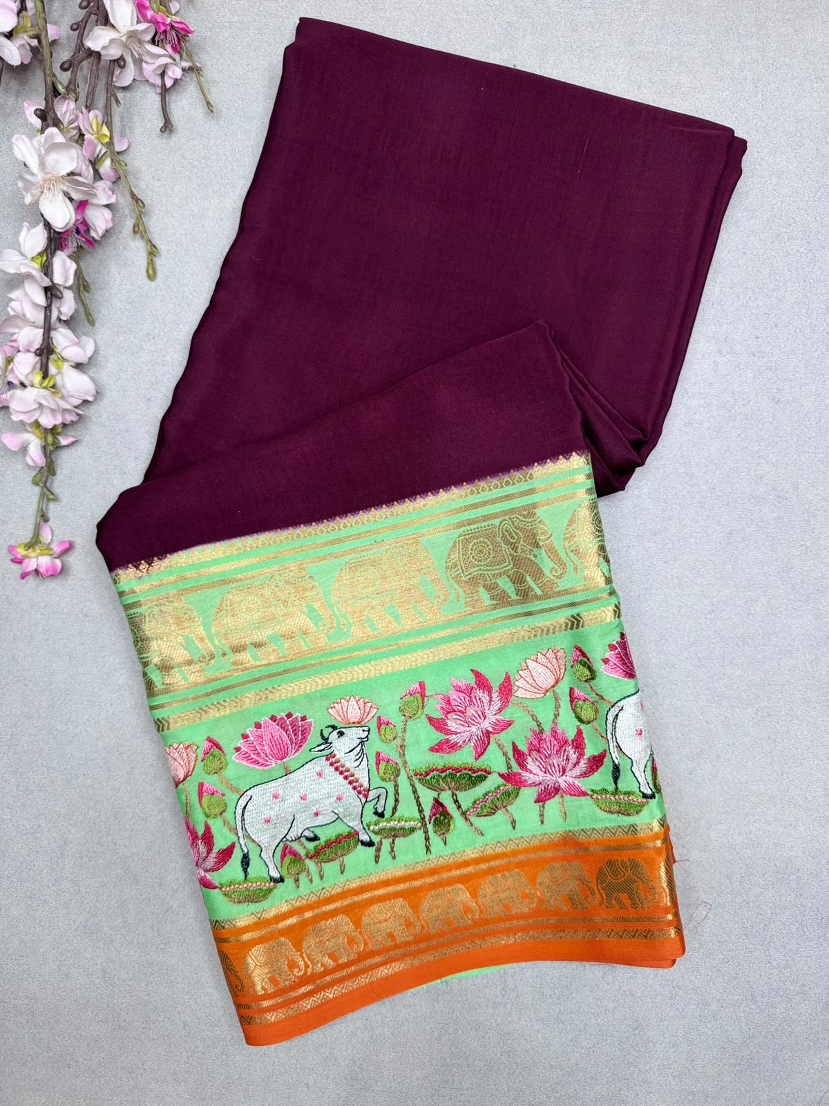 Maroon Embroidery Border Pure Mysore Crepe Silk Saree 110