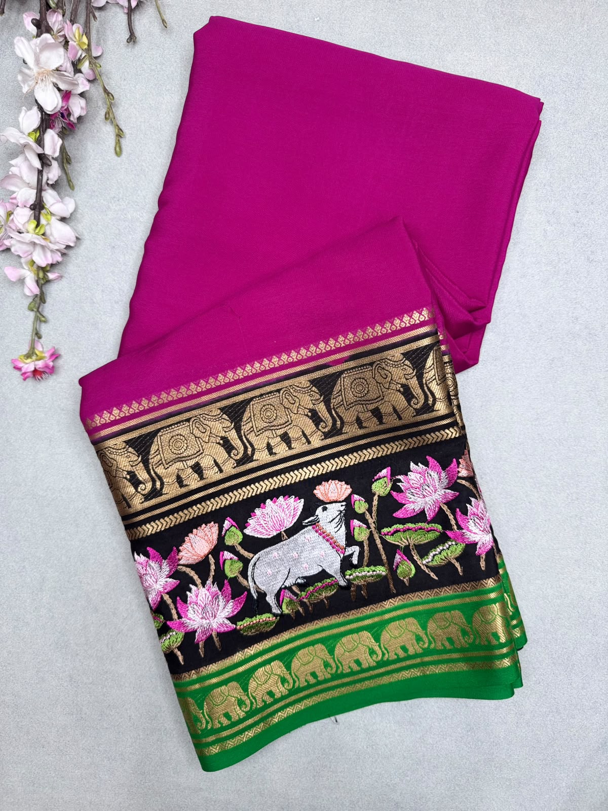 Magenta Embroidery Border Pure Mysore Crepe Silk Saree 110