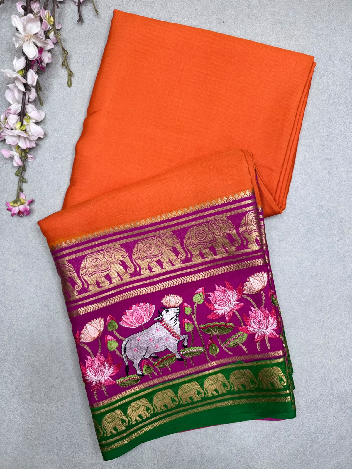 Orange Embroidery Border Pure Mysore Crepe Silk Saree 110