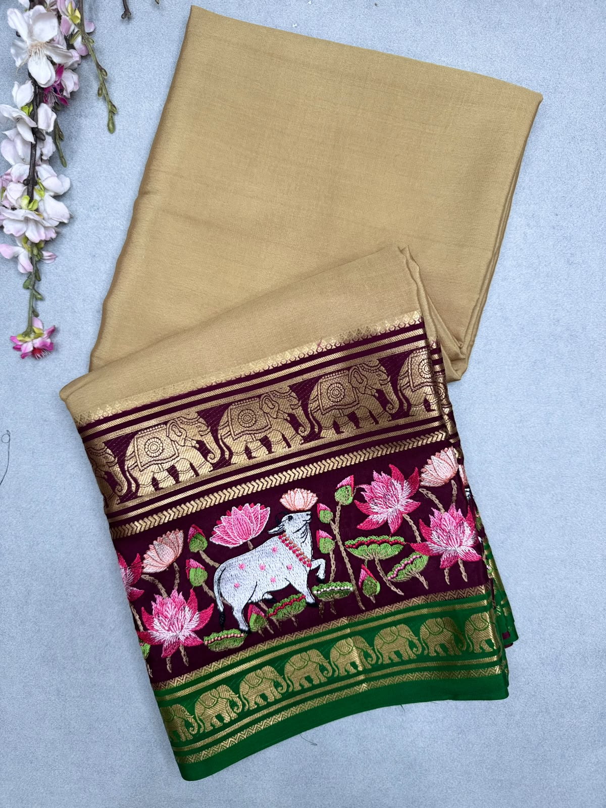 Beige Embroidery Border Pure Mysore Crepe Silk Saree 110