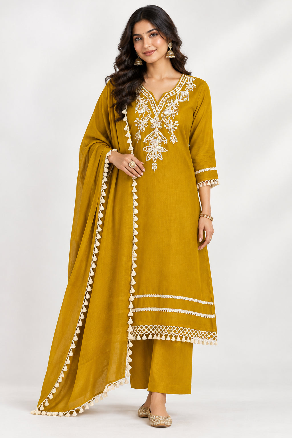 Musturd Yellow Embriodery mul Cotton A Line Kurtha 151