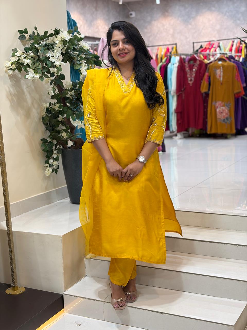 Yellow Dola Silk Handwork Straight Fit Kurtha 459