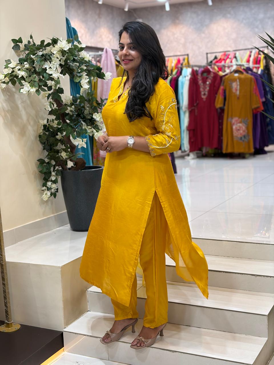 Yellow Dola Silk Handwork Straight Fit Kurtha 459