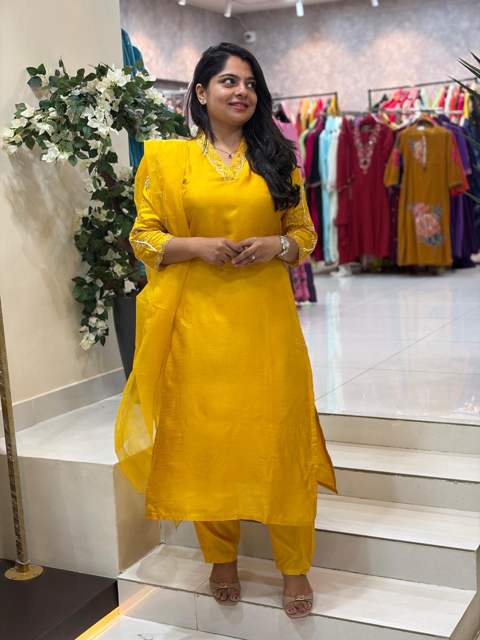 Yellow Dola Silk Handwork Straight Fit Kurtha 459