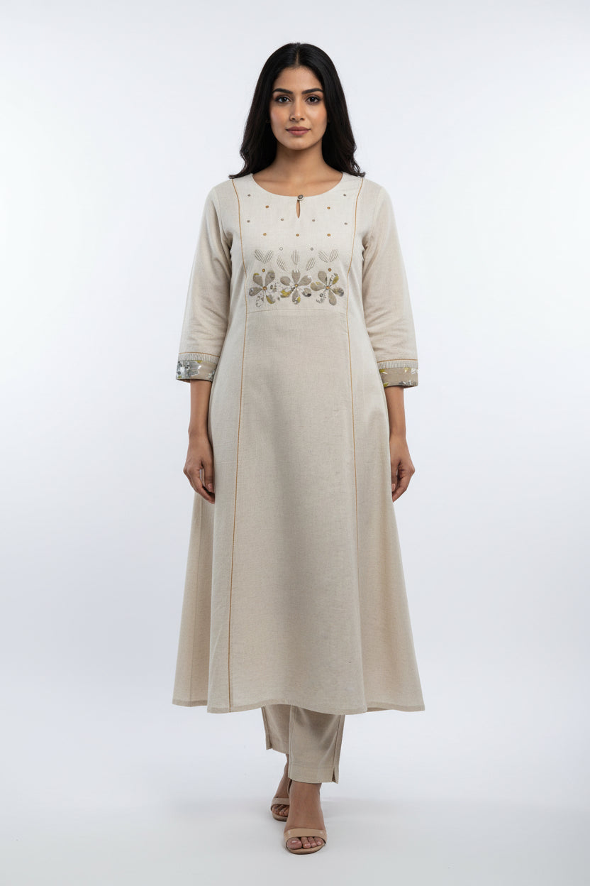 White Linen Cotton Airline Cord Set kurtha 386
