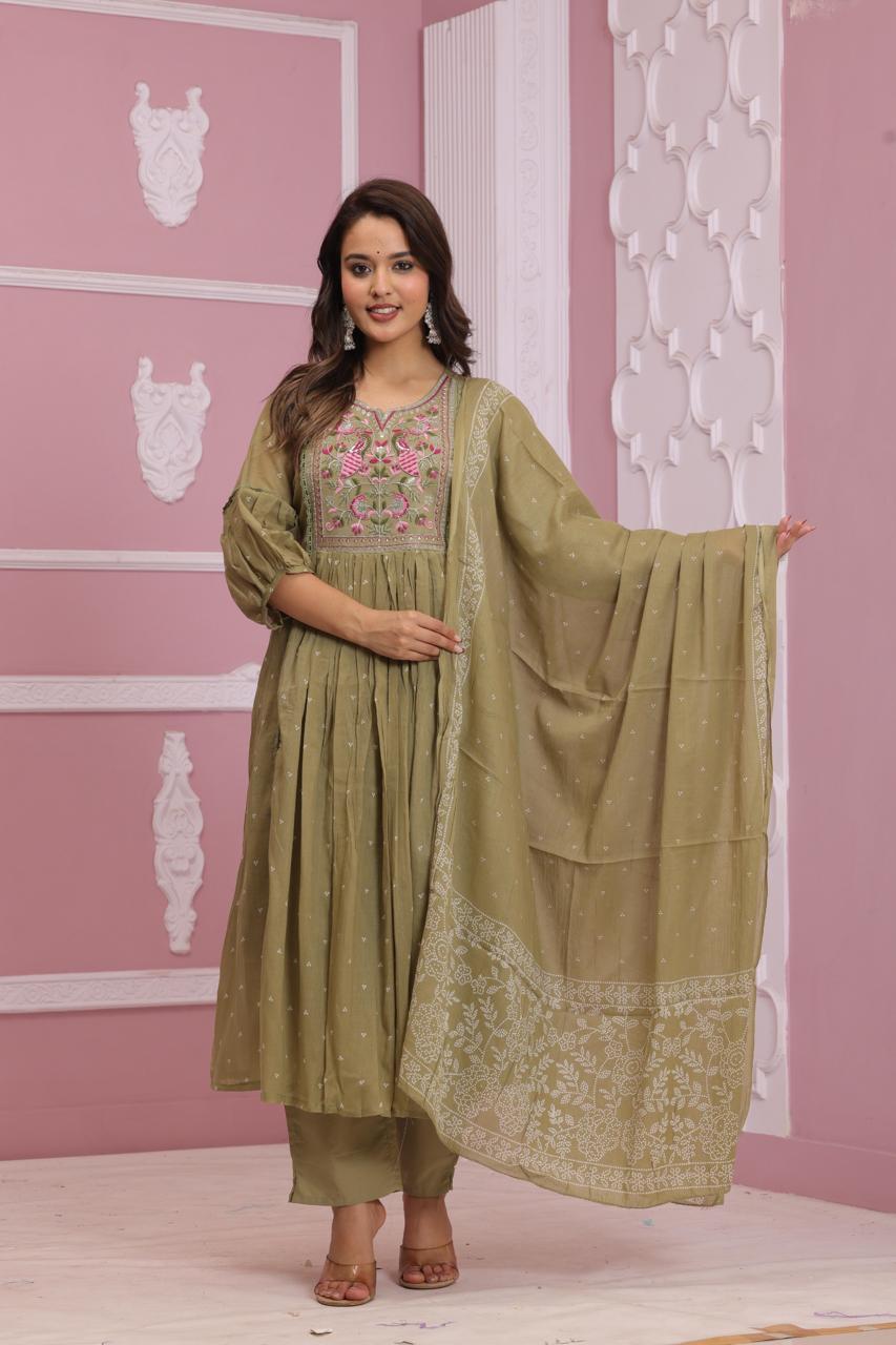 “Naya” Pista Green Mul cotton with hand work Anarkali Kurtha 111 suit with dupatta