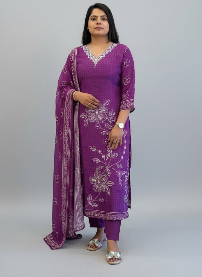 Purple  Digital Print Handwork Crepe Kurtha 533