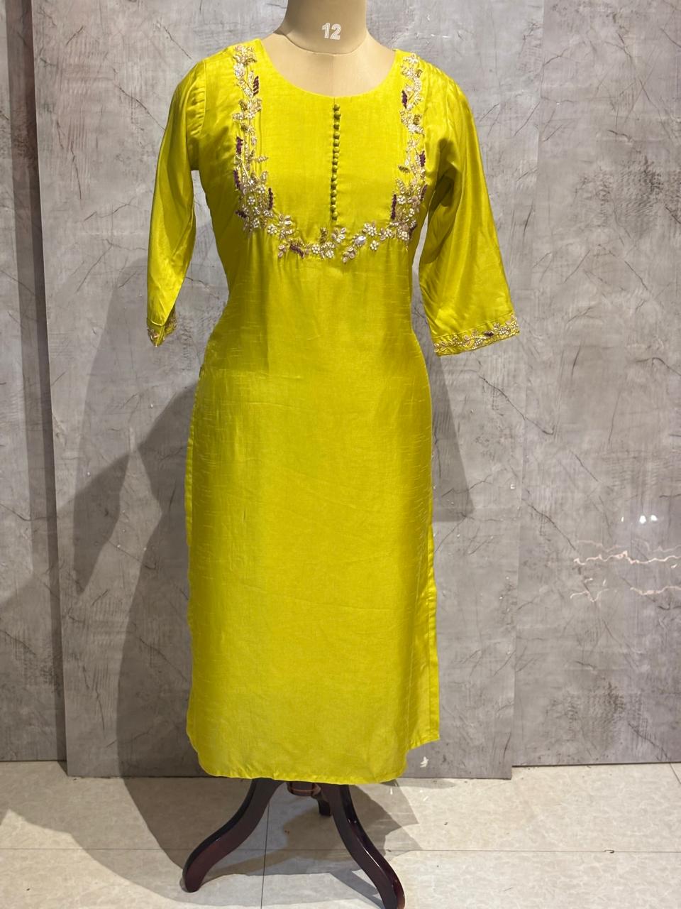 Green Dola Silk Handwork Straight Fit Kurtha 249