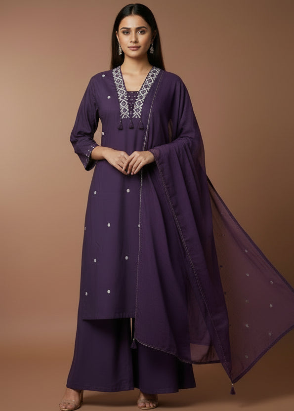 Purple Cotton Block Print Straight Fit Plus Size Kurtha
